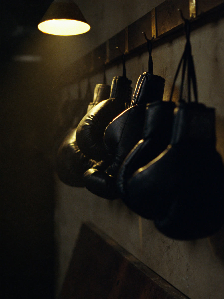 Luvas de boxe pretas penduradas na parede do CT, sob uma luz dourada